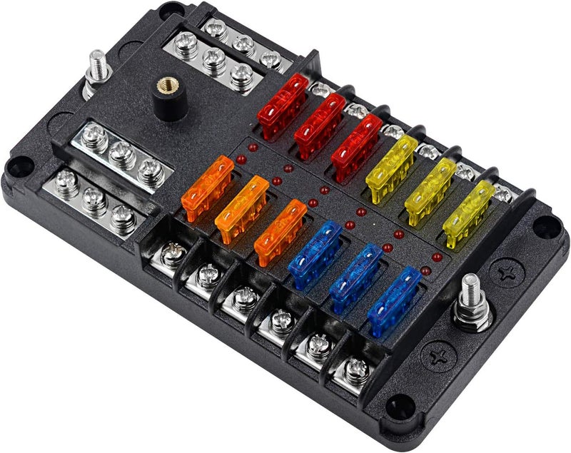 femedo 12 Way Fuse Block W/Negative Bus - ATC/ATO 12 Circuit Fuse Box with Ground, with Negative Bus & Protection Cover, Bolt Connect Terminals, 70 pcs Stick Label, for 12V/24V Vehicle Car Boat Marine Auto - Image 1